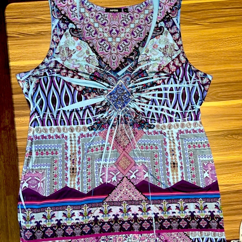 Apartment nine blue and purple tank top has pretty decorative blue jewel